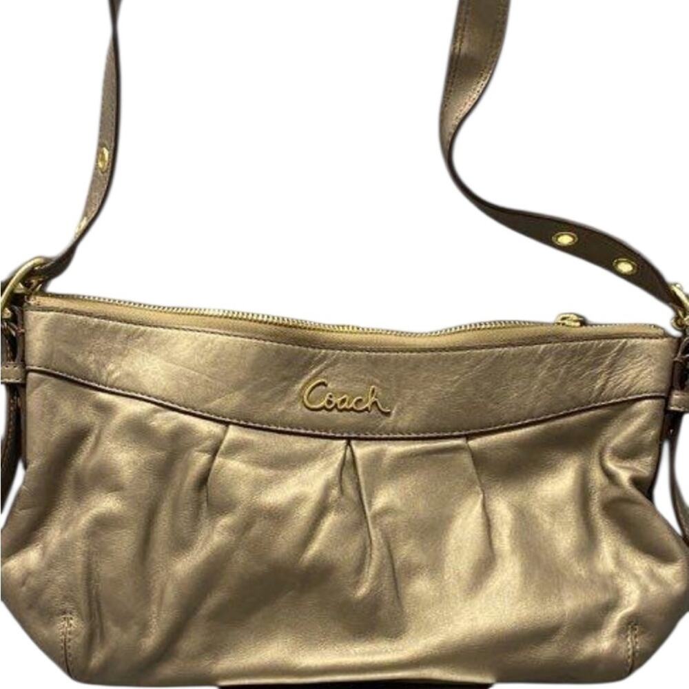 Coach Ashley Leather E/W Duffle Handbag, Metallic Gold Tan Hobo Brass/Steel